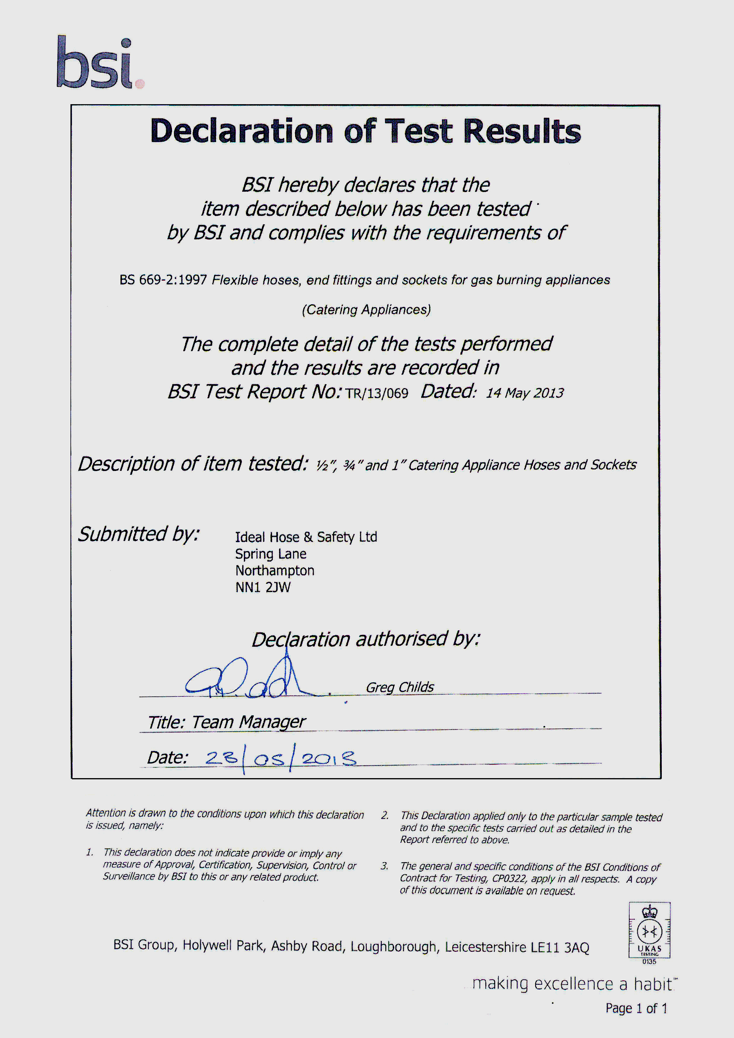 Catering Gas Hose test Certificate